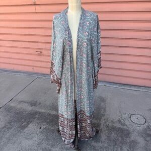Free People Ankle Length Boho Floral Duster Kimono Teal Pink